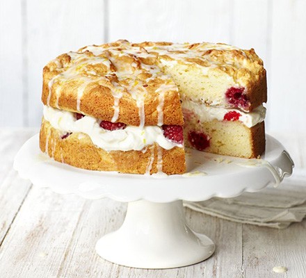 Gluten-free Victoria sponge cake with lemon drizzle & fresh raspberries