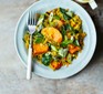 Sweet potato curry on a plate with a fork