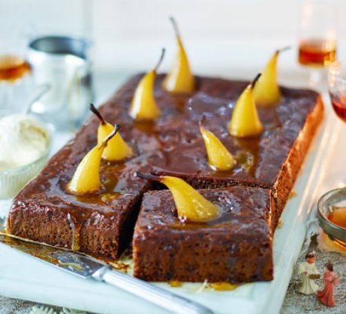 Sticky toffee traybake topped with pears