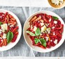 Beetroot & feta pasta served in 2 bowls