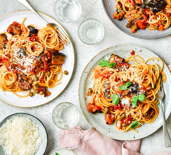 Two plates of spaghetti all norma