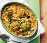Vegetable stew with cheddar dumplings in a casserole dish