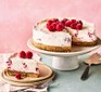 No-bake raspberry cheesecake on a cake stand