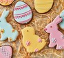 Cookies shaped like Easter eggs, bunnies and chicks