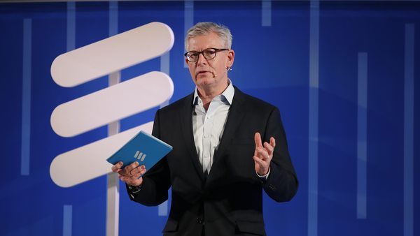 Borje Ekholm, chief executive officer of Ericsson AB, gestures as he speaks during a presentation on the opening day of the MWC Barcelona in Barcelona.