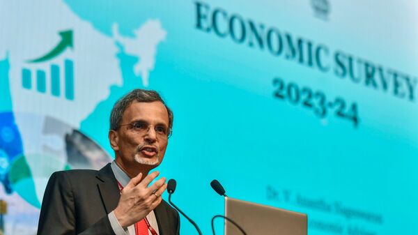 Chief economic adviser to the Government of India V. Anantha Nageswaran addresses media after the Economic Survey was tabled in Parliament. (ANI Photo/Jitender Gupta)
 (Jitender Gupta)