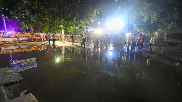 Weather today: A view of a flooded street, on Sunday, outside Rau' IAS study circle in old Rajendra Nagar. Here students were allegedly drowned to death after the basement of the building was flooded following heavy rain in New Delhi.