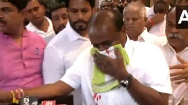 Union Minister HD Kumaraswamy was taken to hospital after his nose started bleeding while he was attending a press conference in Bengaluru.