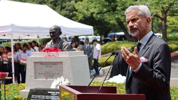 External Affairs Minister S Jaishankar delivering a speech at Tokyo's Freedom Plaza in Edogawa on Sunday, July 28, after unveiling the bust of Gandhiji.