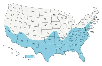 Picture of a CDC map of the estimated range of Aedes aegypti in the U.S. in 2016; SOURCE: CDC.