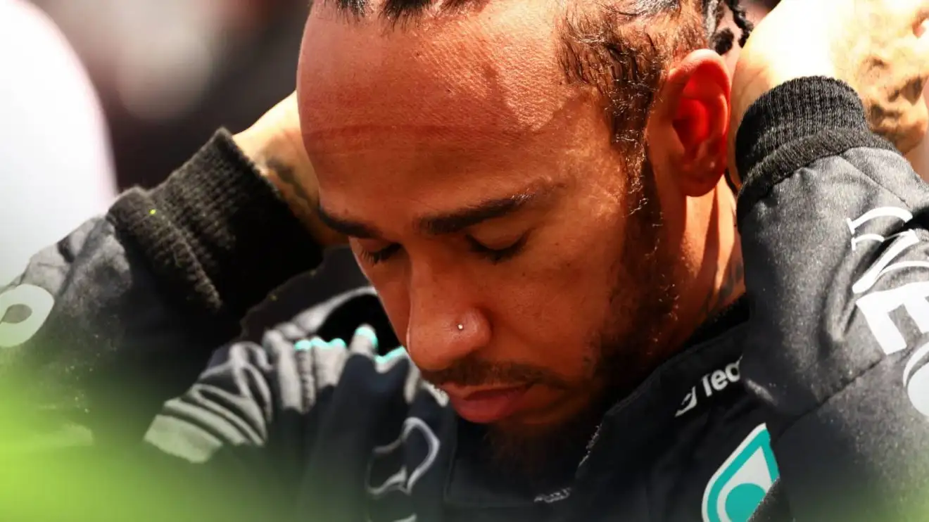 A close-up shot of Lewis Hamilton closing his eyes on the grid in Miami