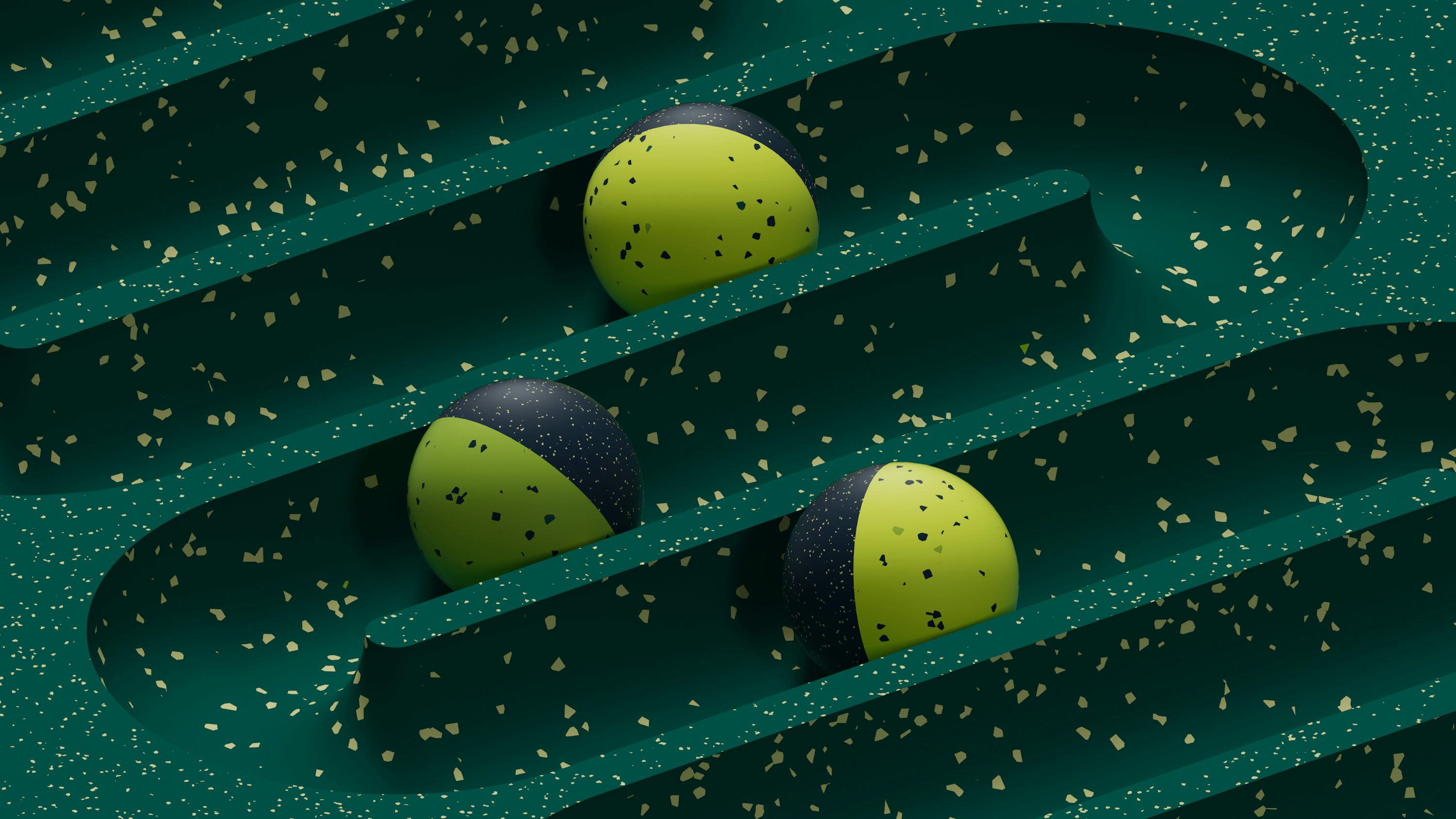 녹색 표면 위에 앉아있는 두 개의 공