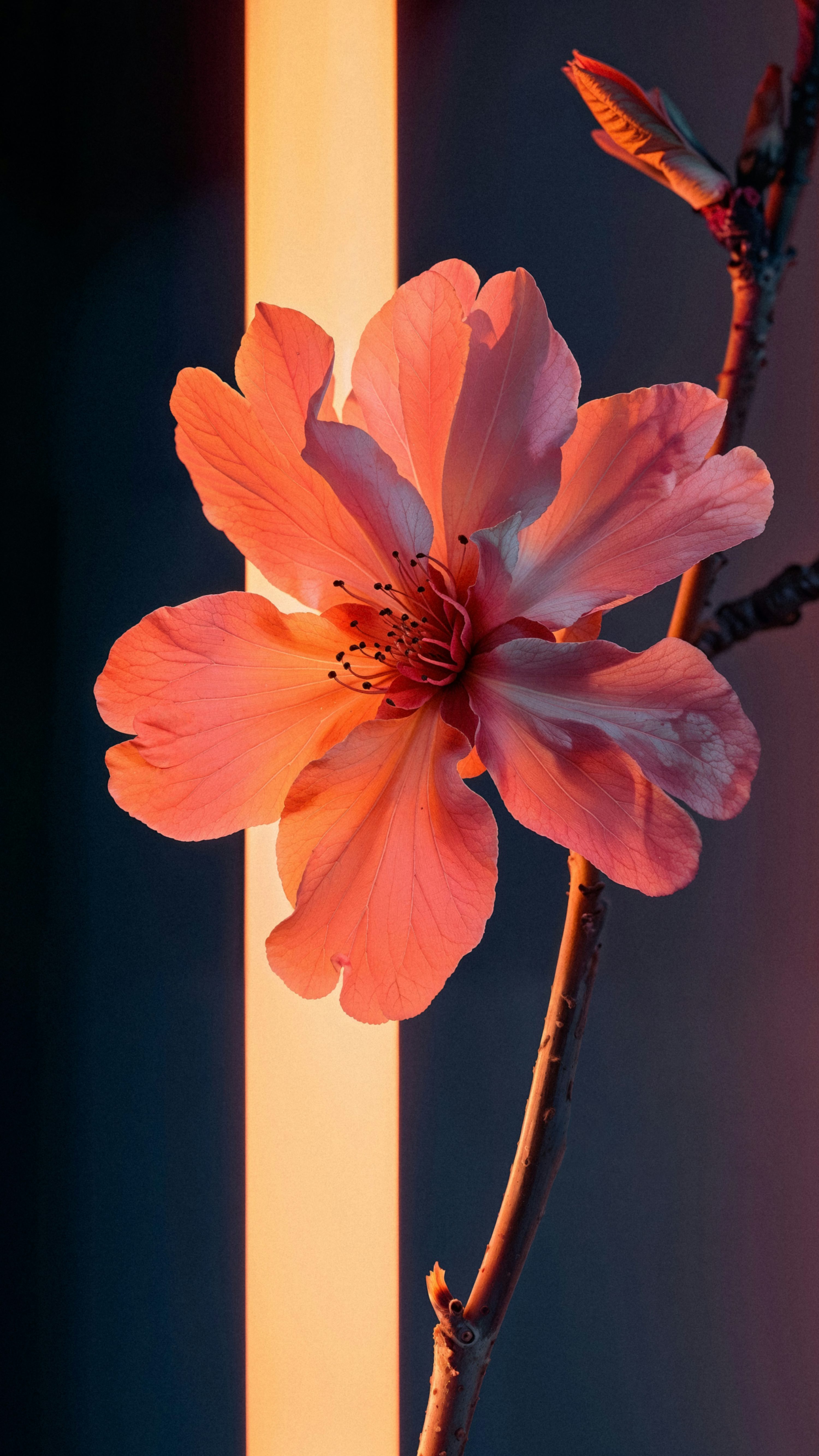 una flor rosada sentada en la parte superior de la rama de un árbol