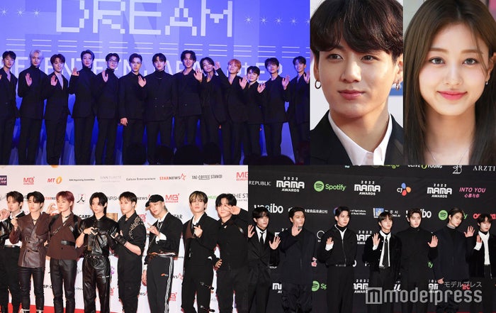 （上段左から時計回り）SEVENTEEN（C）モデルプレス、JUNG KOOK／photo by Getty Images、ジヒョ、ENHYPEN、Stray Kids（C）モデルプレス