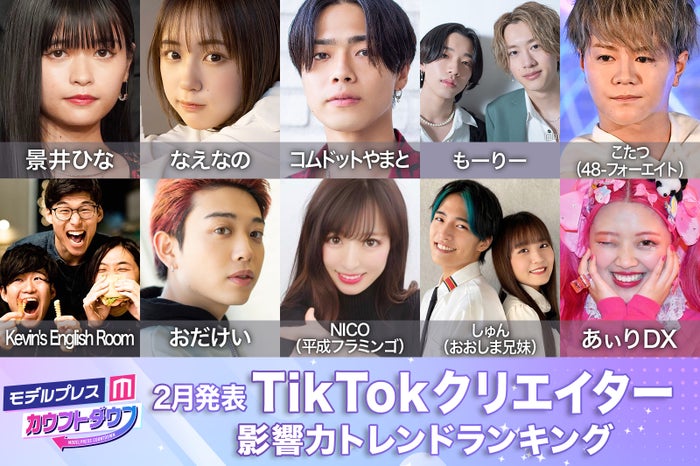 2月発表「TikTokクリエイター影響力トレンドランキング」／写真：景井ひな、なえなの、やまと、もーりー、こたつ、おだけい（C）モデルプレス／Kevin's English Room、NICO【平成フラミンゴ】、あぃりDX