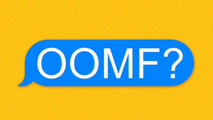 A yellow background with a blue text message bubble that says &quot;OOMF?&quot;