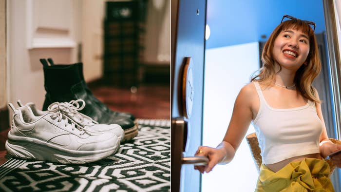 On the left, two pairs of shoes are on a patterned rug. On the right, a woman in a white crop top and yellow pants smiles while standing in a doorway