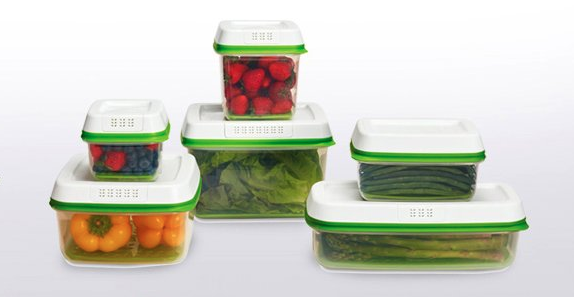 six different sizes of the clear produce containers with white and green lids
