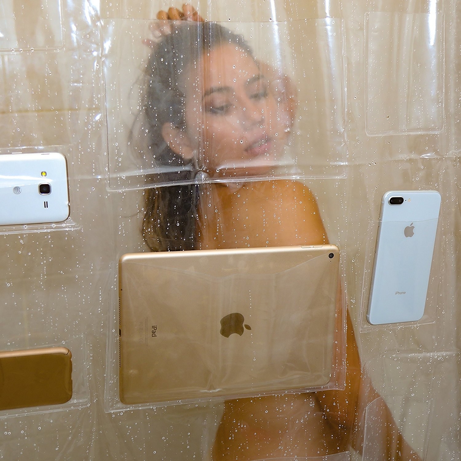 model showers with watching tv on ipad in clear pocket 