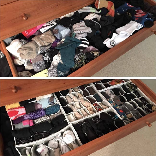 a reviewer's before and after photos of a disorganized drawer and then an orderly drawer