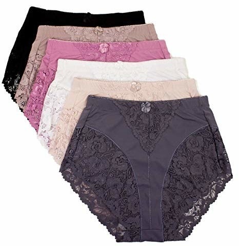 A set of six high-waisted lace panties in different shades displayed in a fan arrangement, perfect for a stylish and comfortable addition to your underwear collection