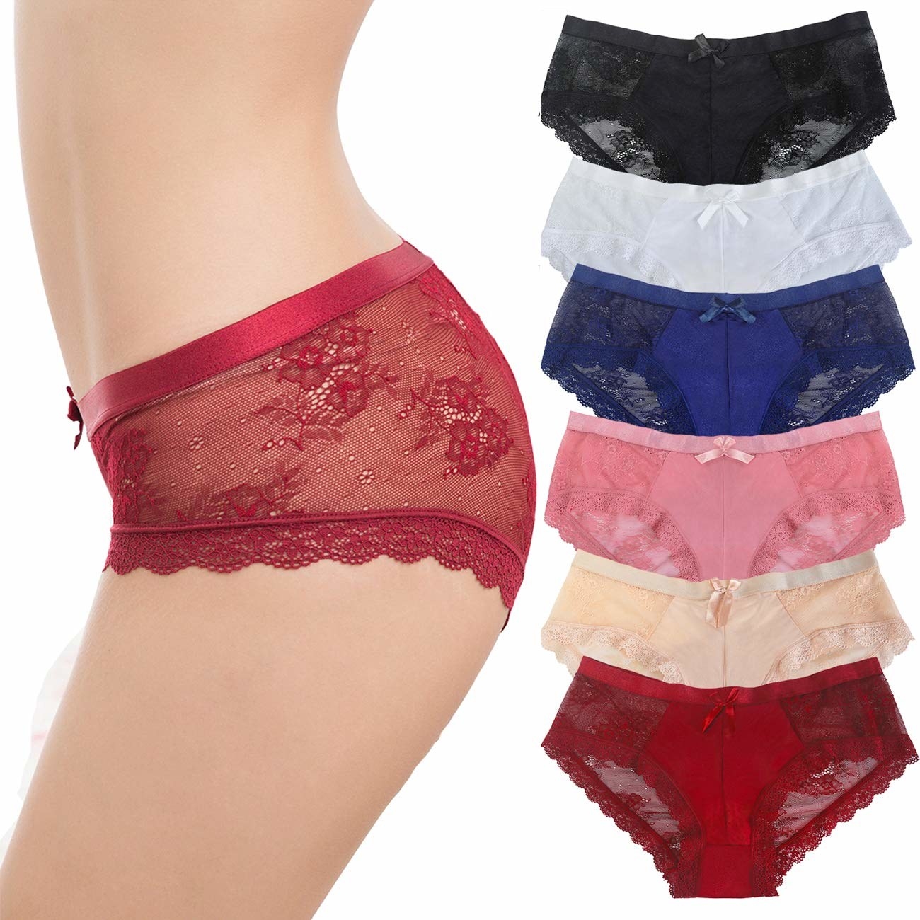 A model wearing the lace panties in red next to the color varieties in a pack