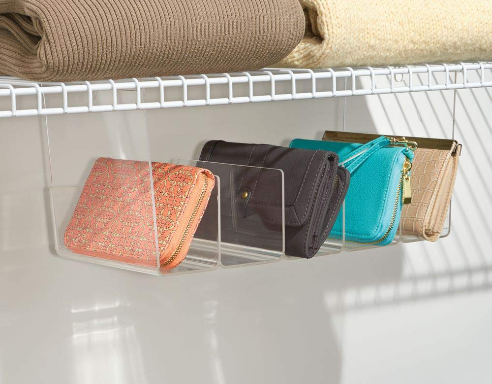 Clear hanging organizer tray holding handbags 