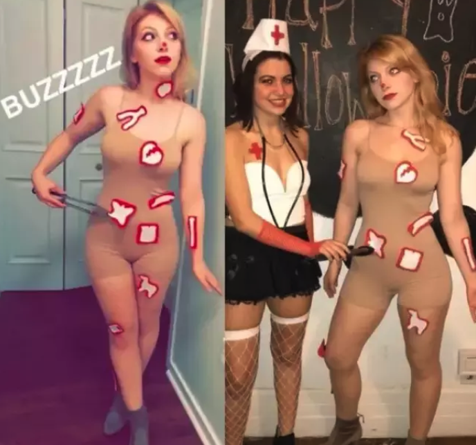 one girl dressed as the game Operation and one girl dressed as a nurse