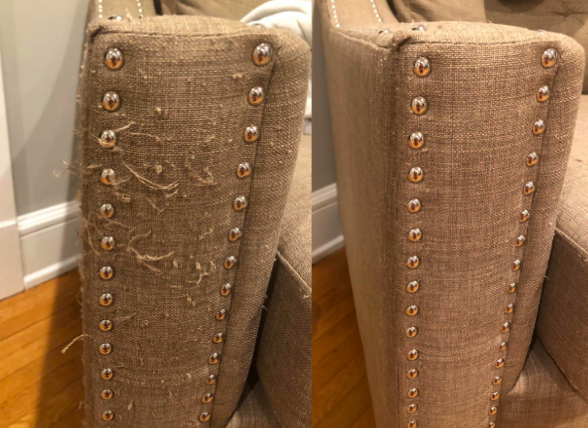 A reviewer&#x27;s before-and-after image of the side of their sofa. The armrest was scratched with fabric pulled and after using the defuzzer it looks brand new. 