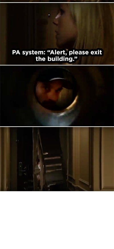 Donna in the hotel room while the PA system says to evacuate and then she sees a murderer through the door&#x27;s peephole