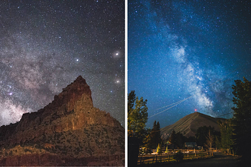 Milky Way and starry night sky above a jagged rock and a mountain