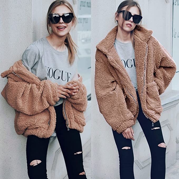 Model wearing the jacket in two ways