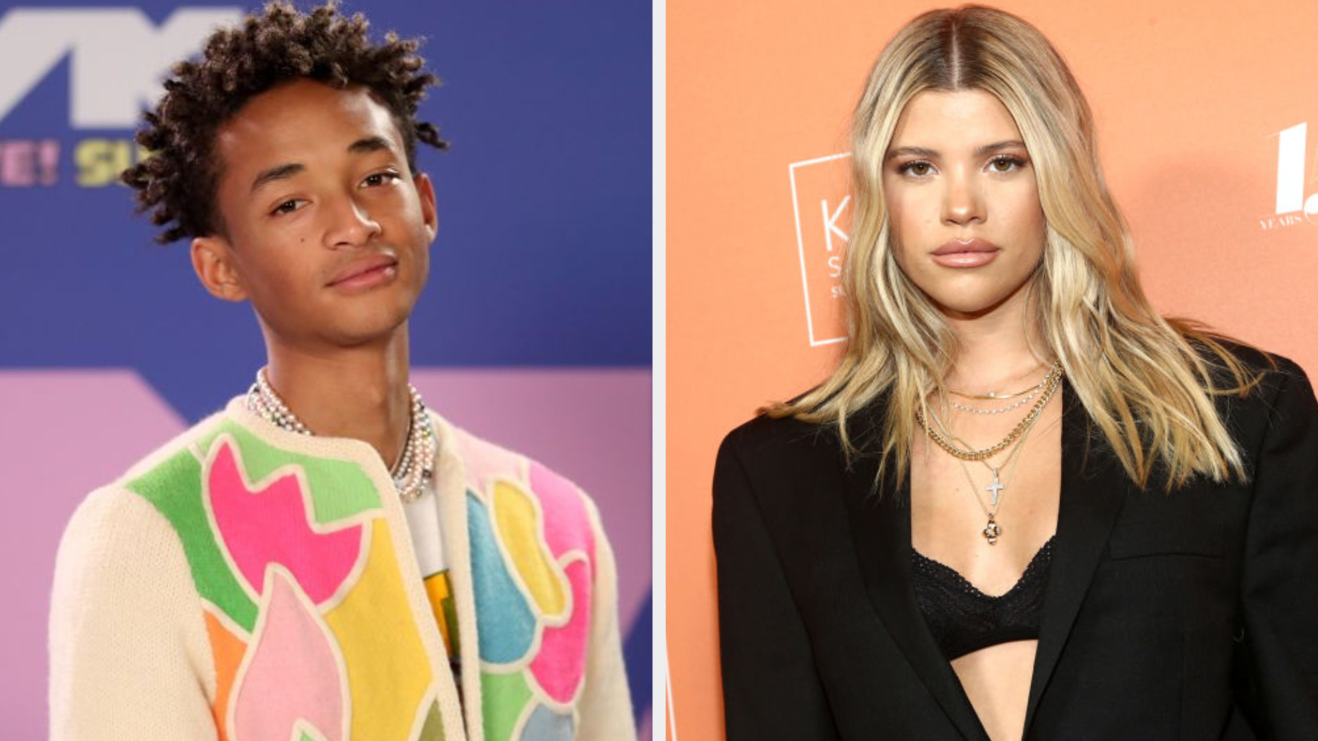 Jaden Smith on the VMAs red carpet in 2020; Sofia Richie on a red carpet wearing a black suit jacket in 2019