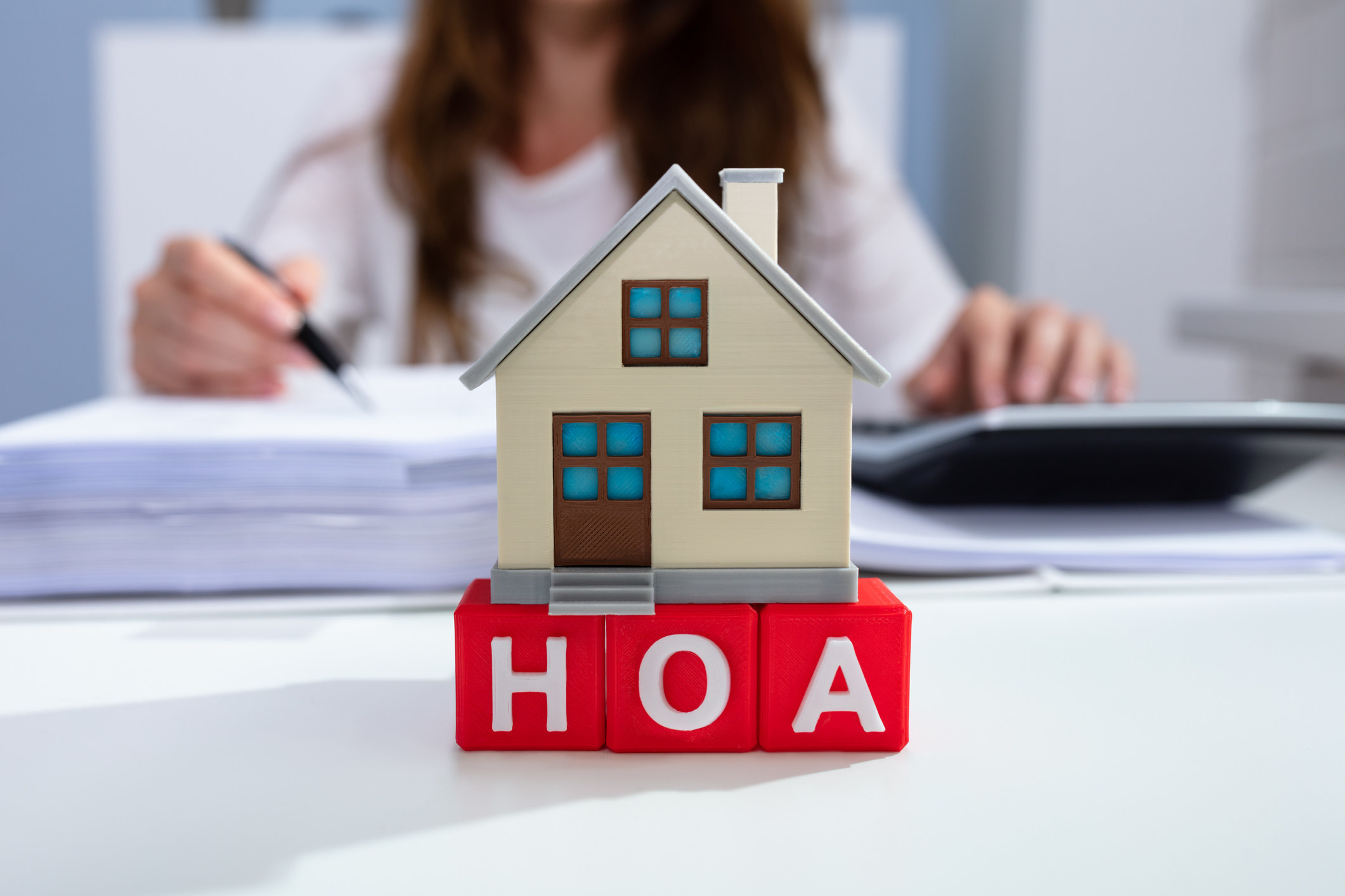 Blocks that say &quot;HOA&quot; with a tiny house figurine on top