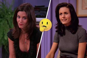 Two pictures of Monica from "Friends" with a thinking emoji in between them