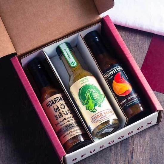 the fuego box with three hot sauces