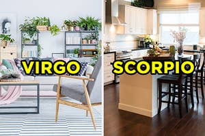 On the left, a bright, modern living room with a couch, coffee tables, and shelves lined with plants labeled "Virgo," and on the right, a modern, sunny kitchen with an island with chairs around it labeled "Scorpio"