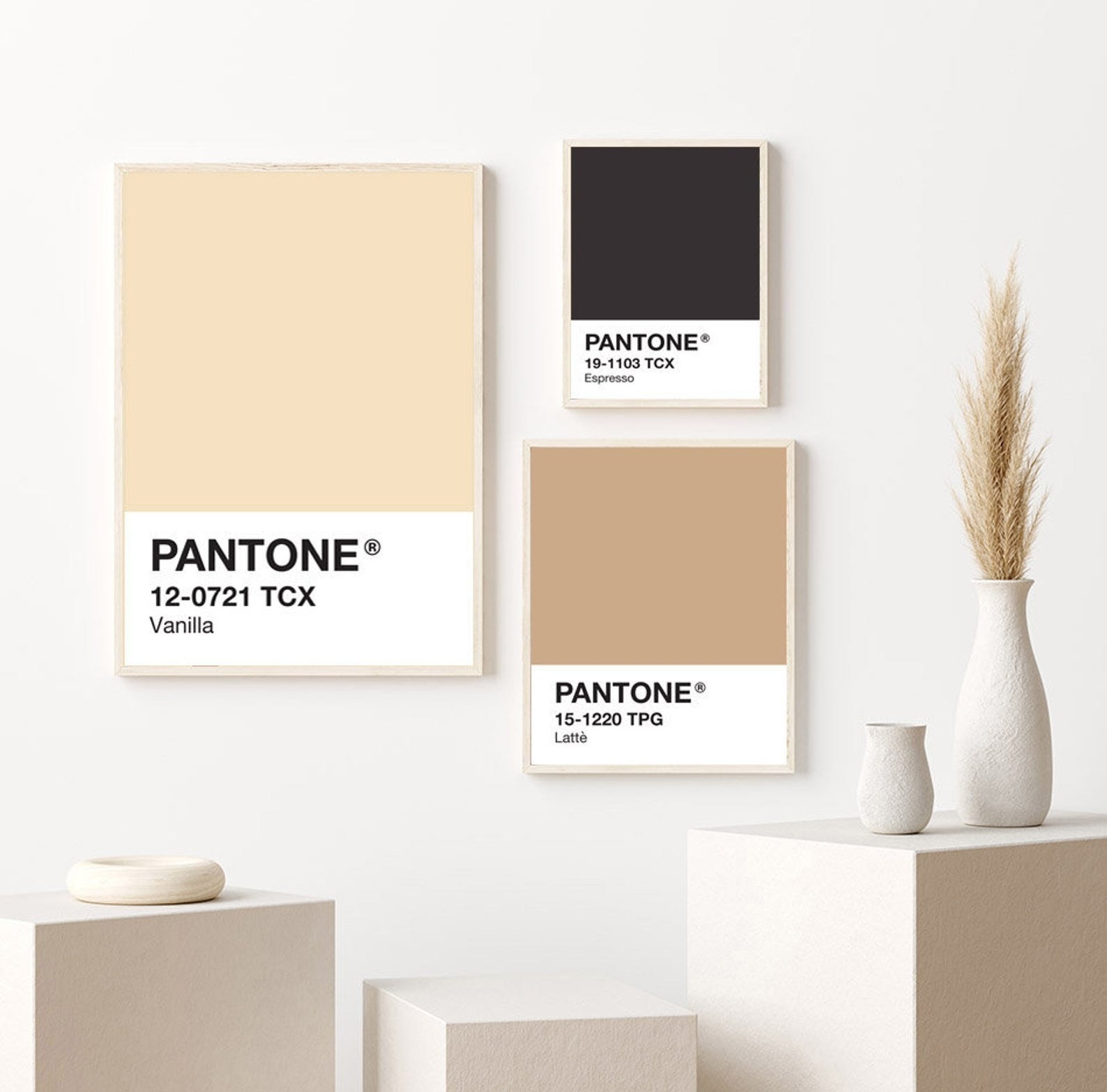 the three prints in Pantone colors vanilla, espresso, and latte