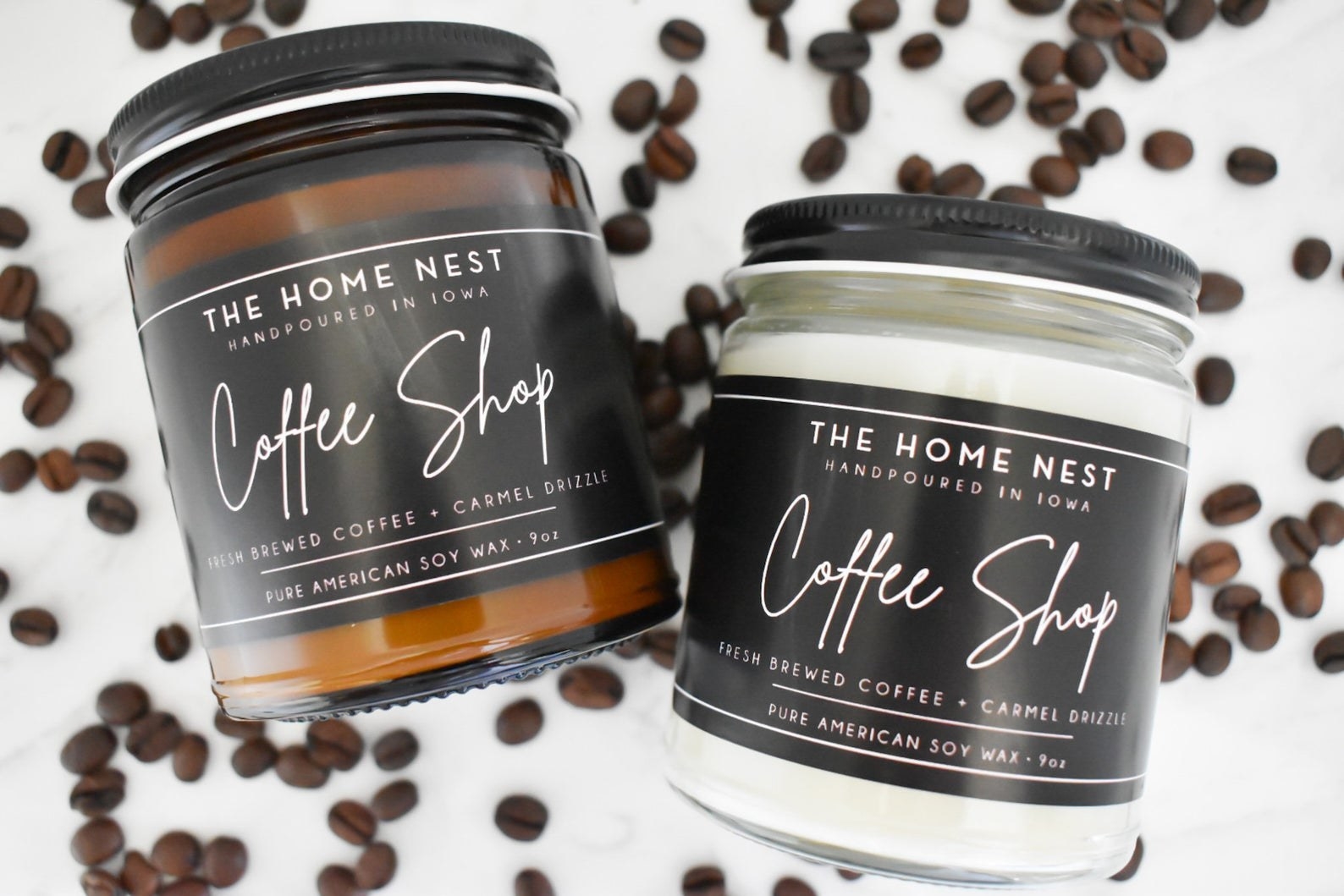 two nine-ounce caramel drizzle coffee candles in  amber and clear jars