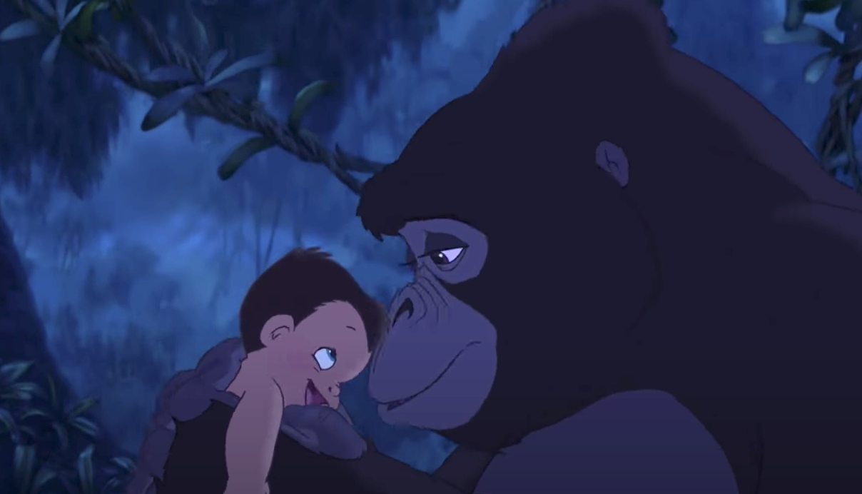 Kala touches her nose to baby Tarzan&#x27;s head