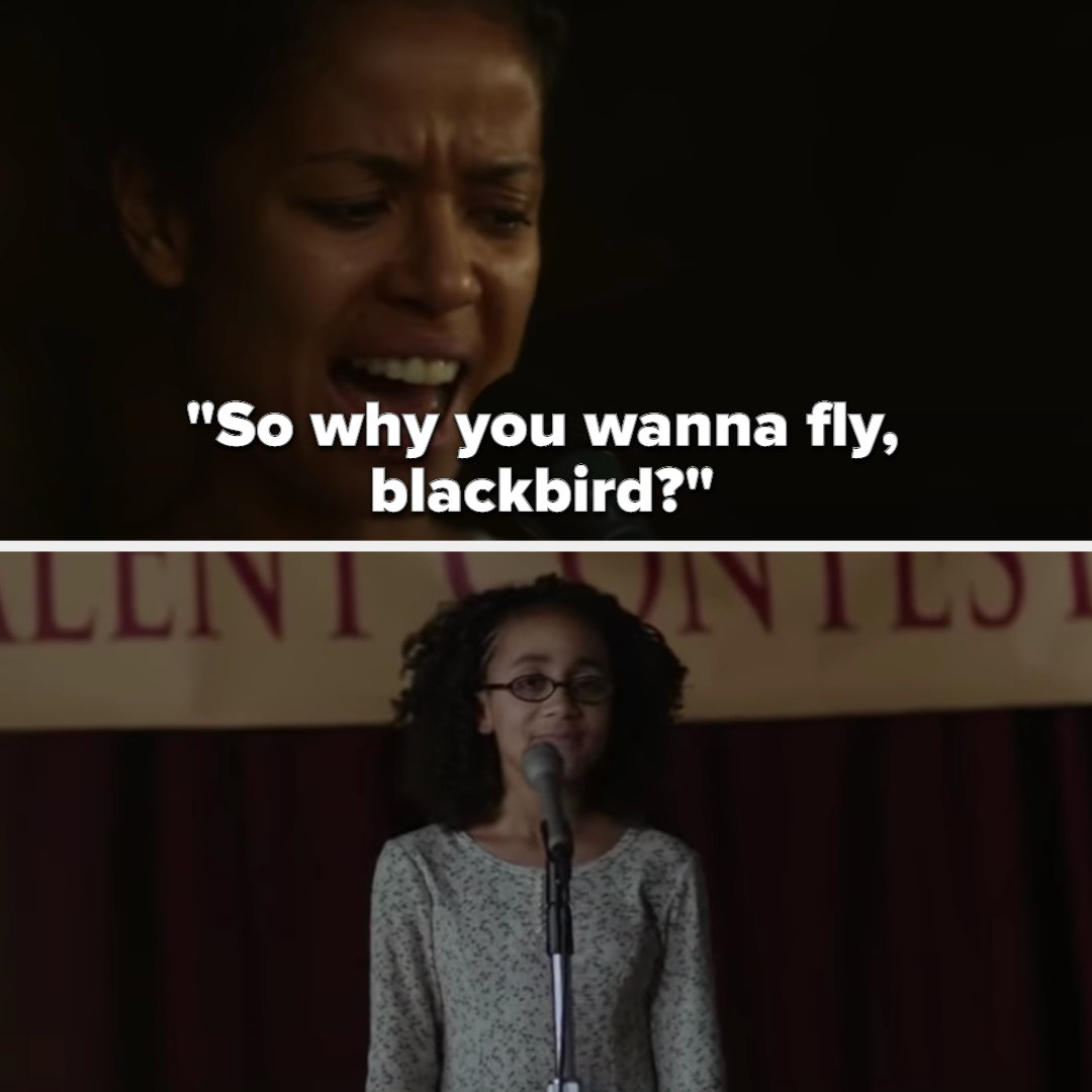 Noni singing Blackbird then flashing back to singing it at the talent show when she was little