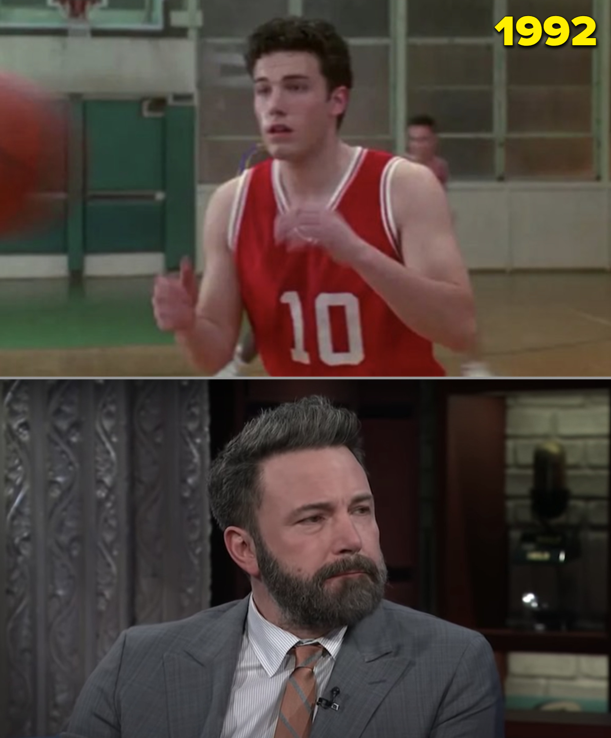 Ben in a red basketball uniform on court in &quot;Buffy&quot; and him in Colbert&#x27;s late-night show