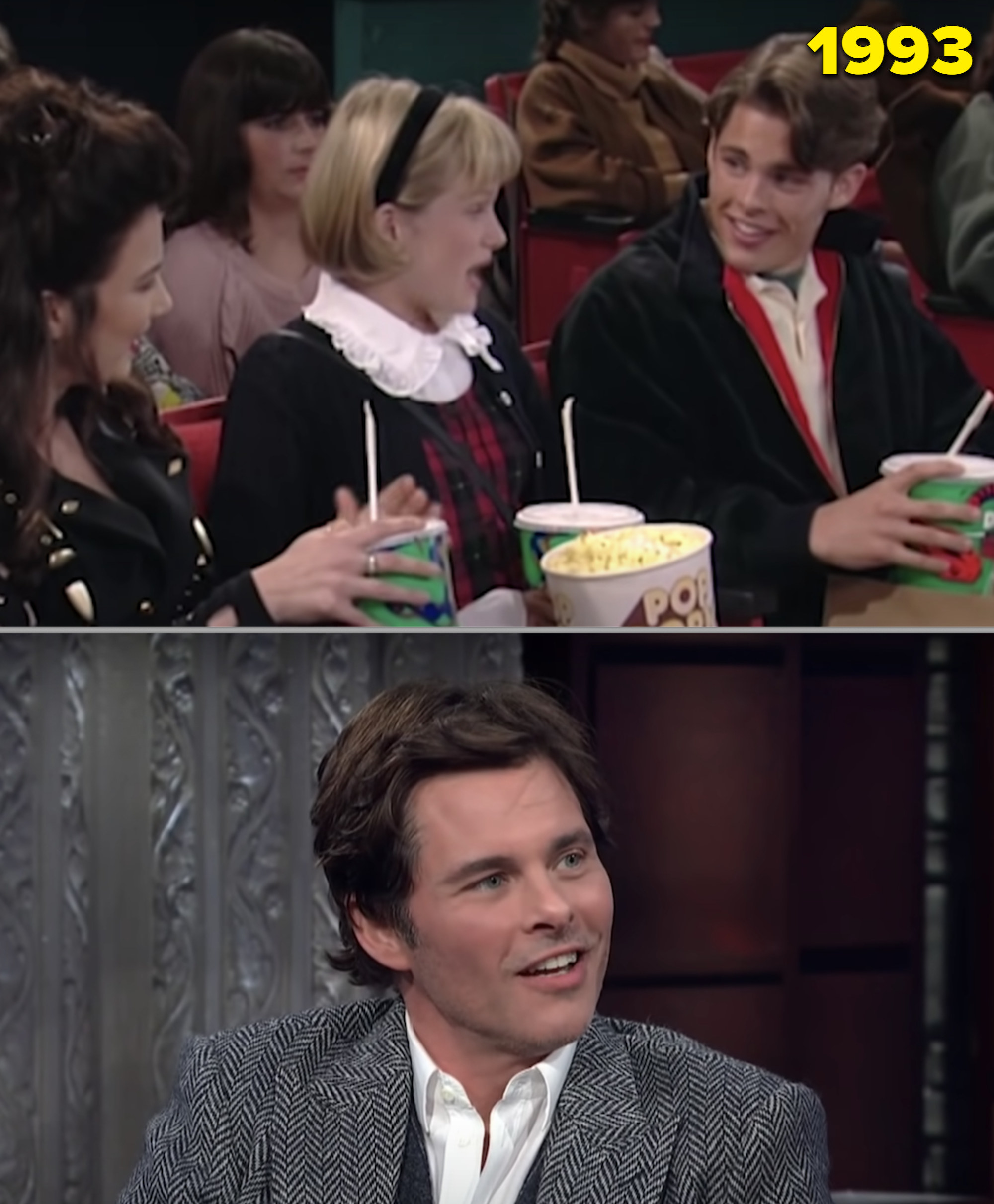 James Marsden on a date at the movies in &quot;The Nanny&quot; and on Colbert&#x27;s talk show