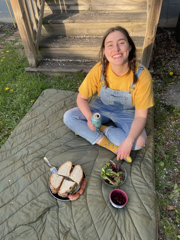 the writer having a picnic on the blanket