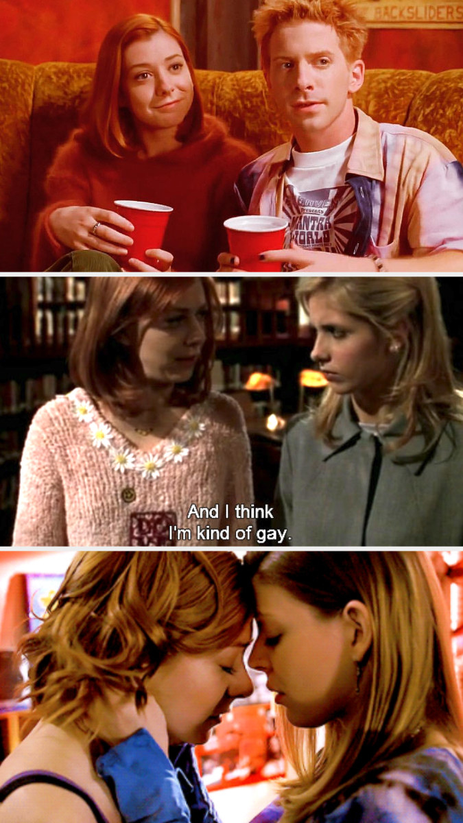 Willow and Oz drinking at a party; Willow telling Buffy &quot;And I think I&#x27;m kind of gay;&quot; Willow and Tara embracing