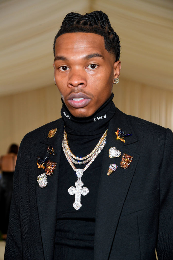 A close up of Lil Baby on the Met Gala carpet