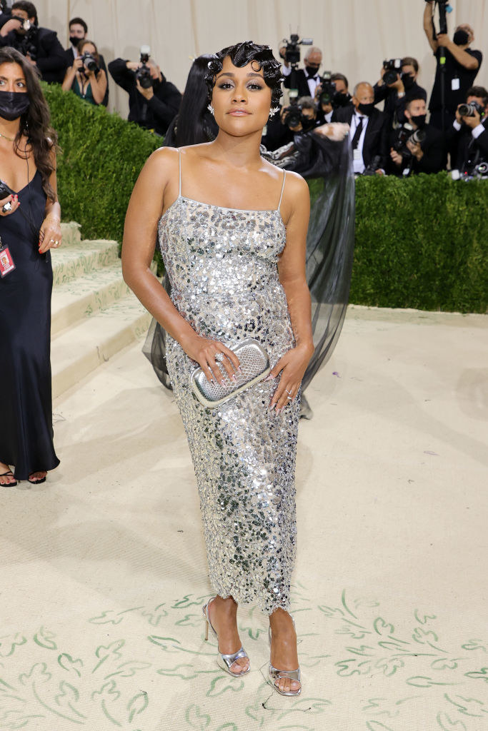 Ariana DeBose wears a thin strap ankle length sparkly gown
