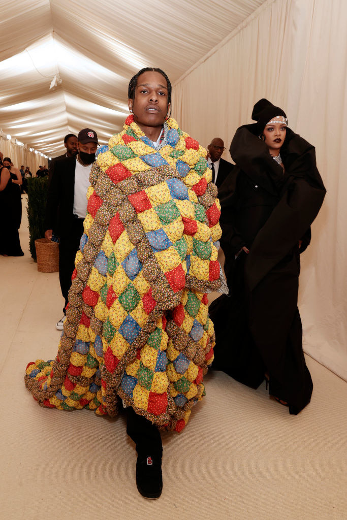 A$AP Rocky enters the Met Gala with a knit blanket wrapped around him