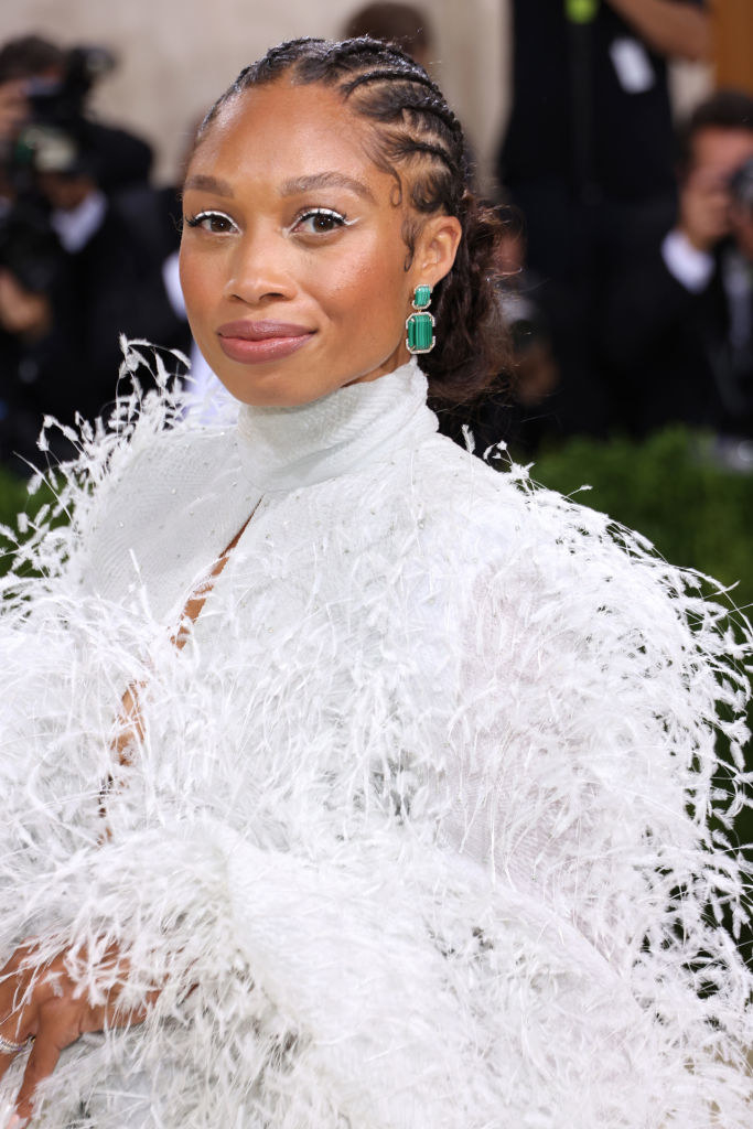 Allyson Felix showing off her matching eye makeup