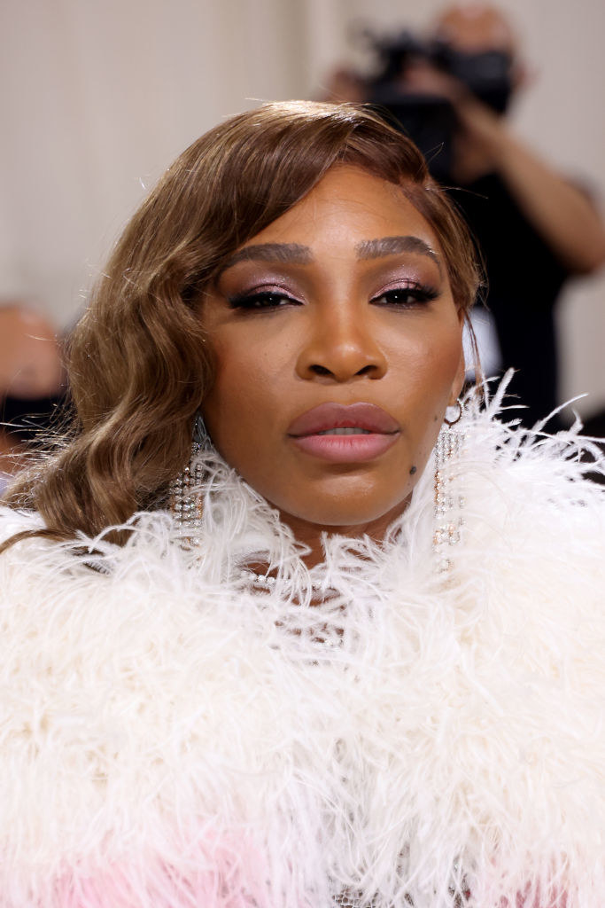 A close up of Serena Williams as she poses on the Met Gala carpet